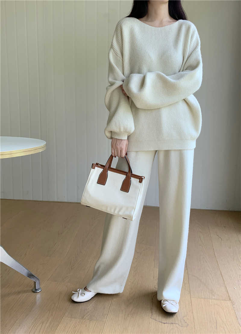 パンツセットアップ 上品ニットトップス×ワイドパンツセット
