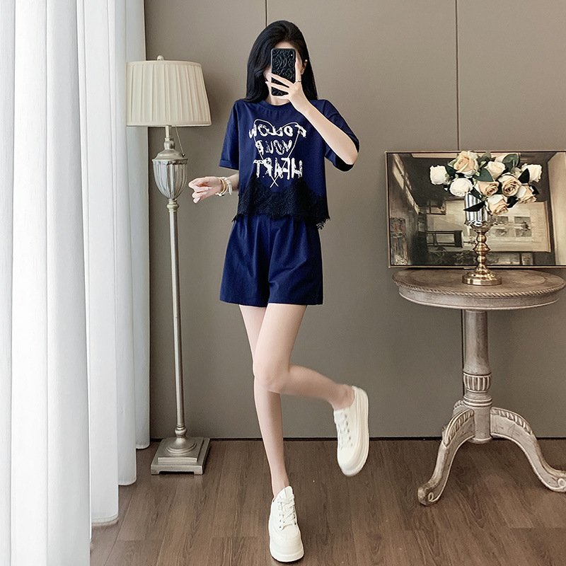 パンツセットアップ レースフリル裾ロゴデザイン上下セット