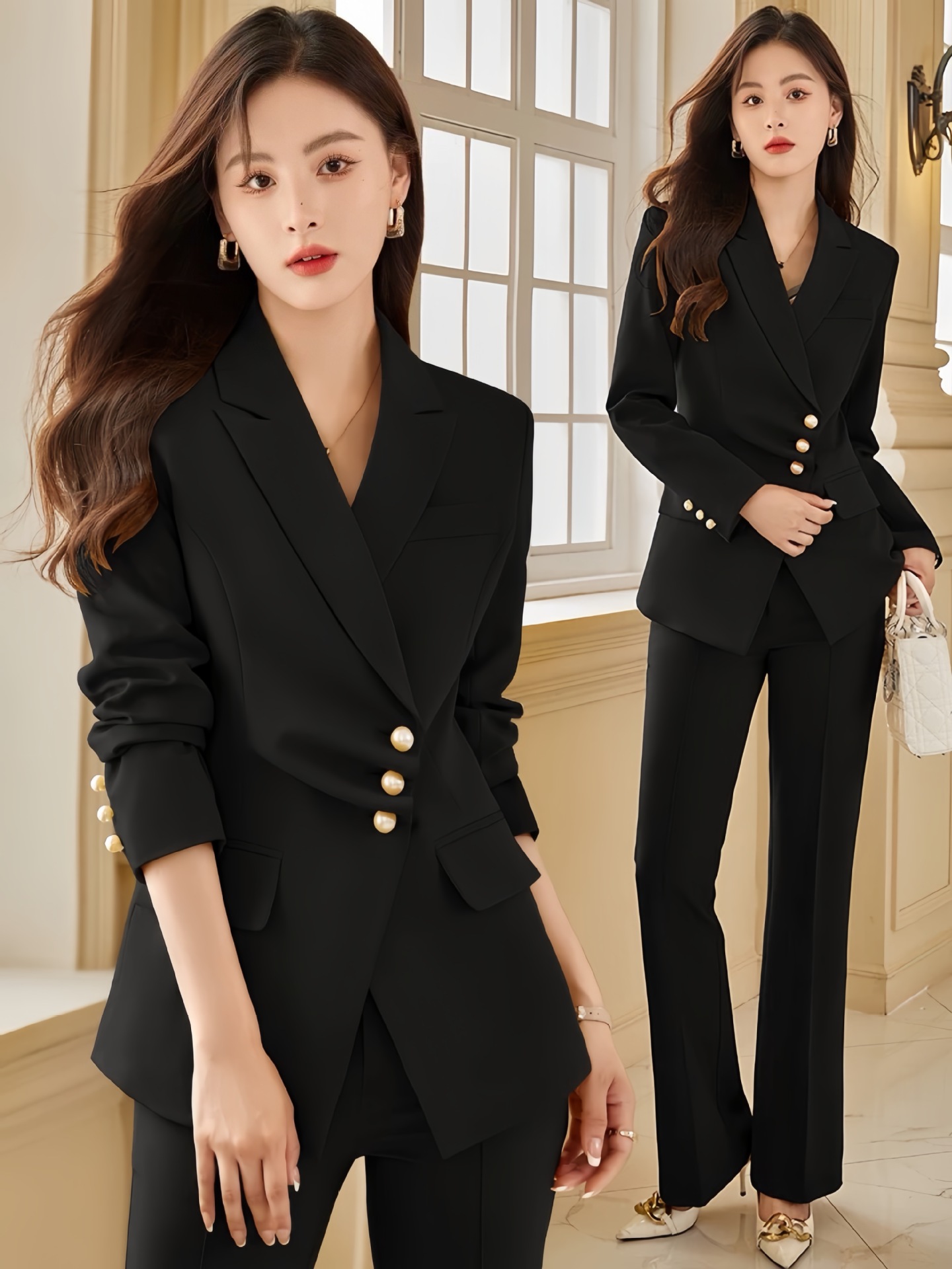 パンツセットアップ パールボタン付きダブルジャケットパンツセットアップ