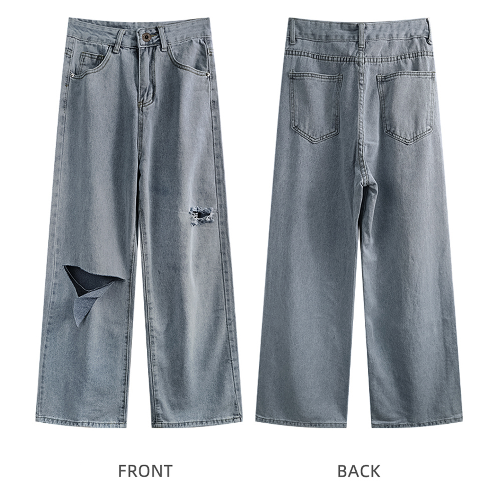 パンツセットアップ ダメージ加工ワイドデニムパンツ レディース着痩せ