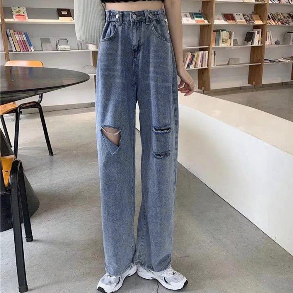パンツセットアップ ダメージ加工ワイドデニムパンツ ハイウエスト美脚