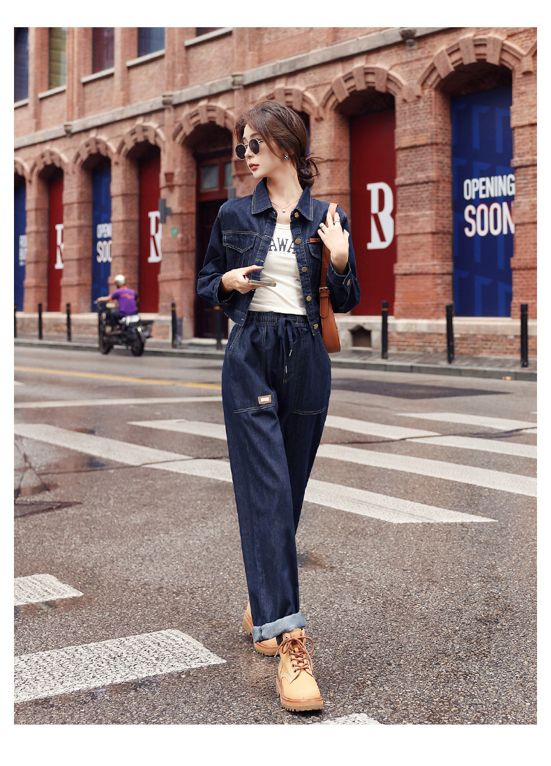 パンツセットアップ デニム素材ショートジャケット付きワイドパンツセットアップ