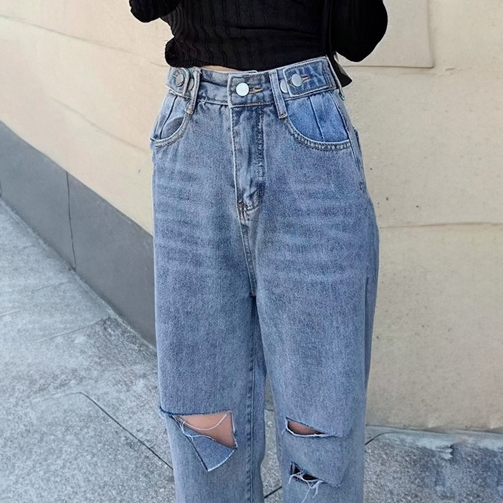 パンツセットアップ ダメージ加工ワイドデニムパンツ ハイウエスト美脚