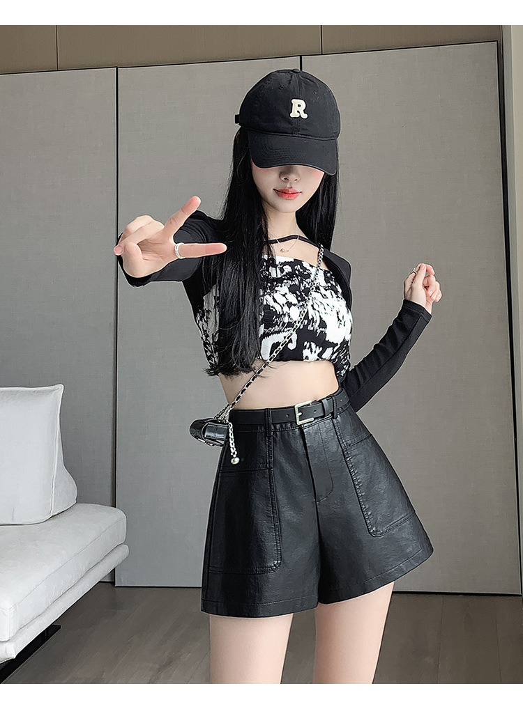 パンツセットアップ ベルト付きハイウエストショートパンツ