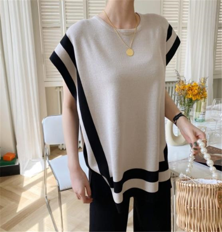 パンツセットアップ 韓国風ボーダー編みニットベスト×ワイドパンツ上下セット