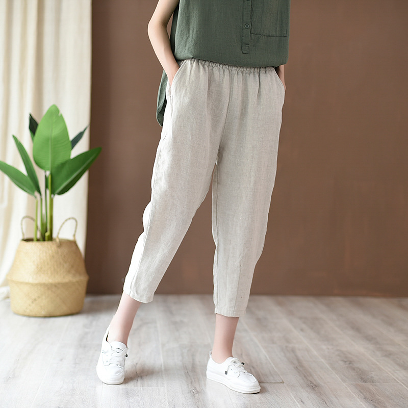 パンツセットアップ リネン素材のゆったりクロップドパンツ