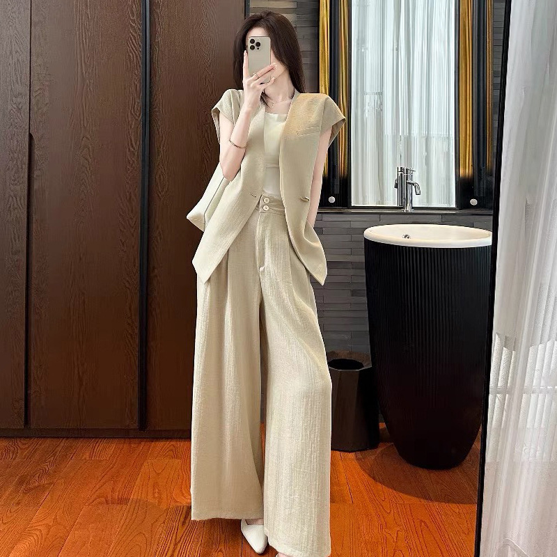 パンツセットアップ リネン風ワイドベストパンツセット