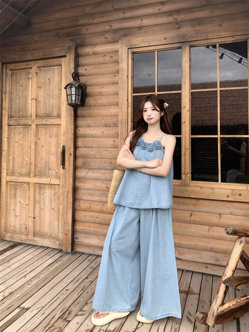 パンツセットアップ 夏新作韓国風花飾りキャミソール×ワイドパンツセット