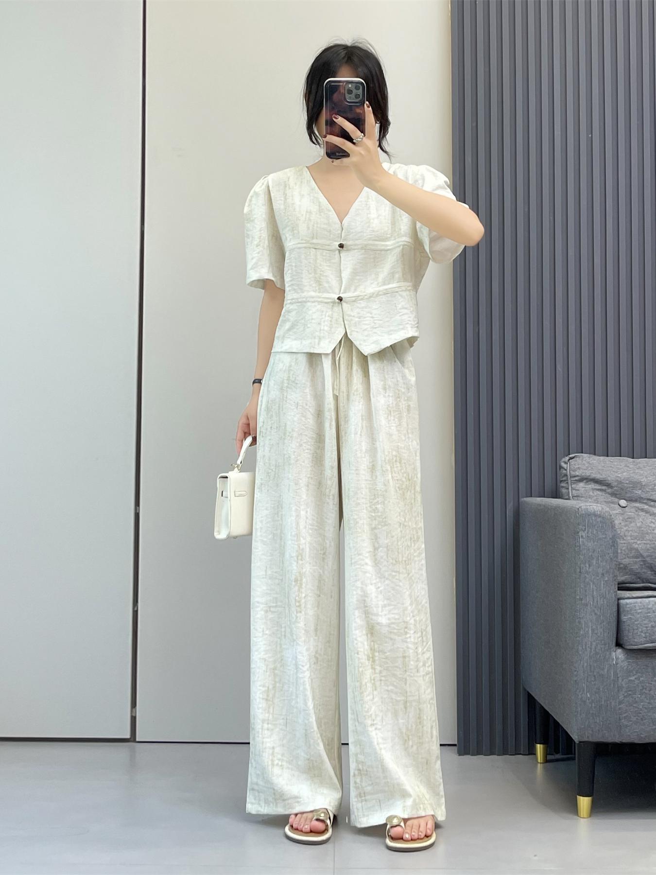 パンツセットアップ ワイド パフスリーブ麻混ワイドセットアップ