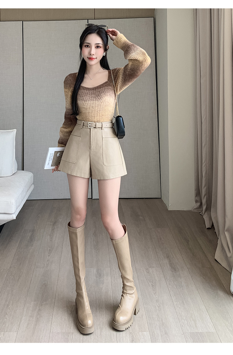 パンツセットアップ ベルト付きハイウエストショートパンツ