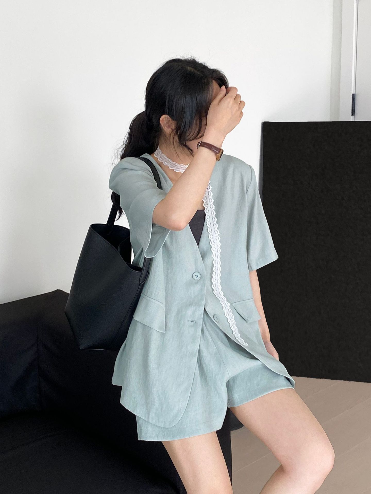 パンツセットアップ レース装飾リネン調ショートセットアップ