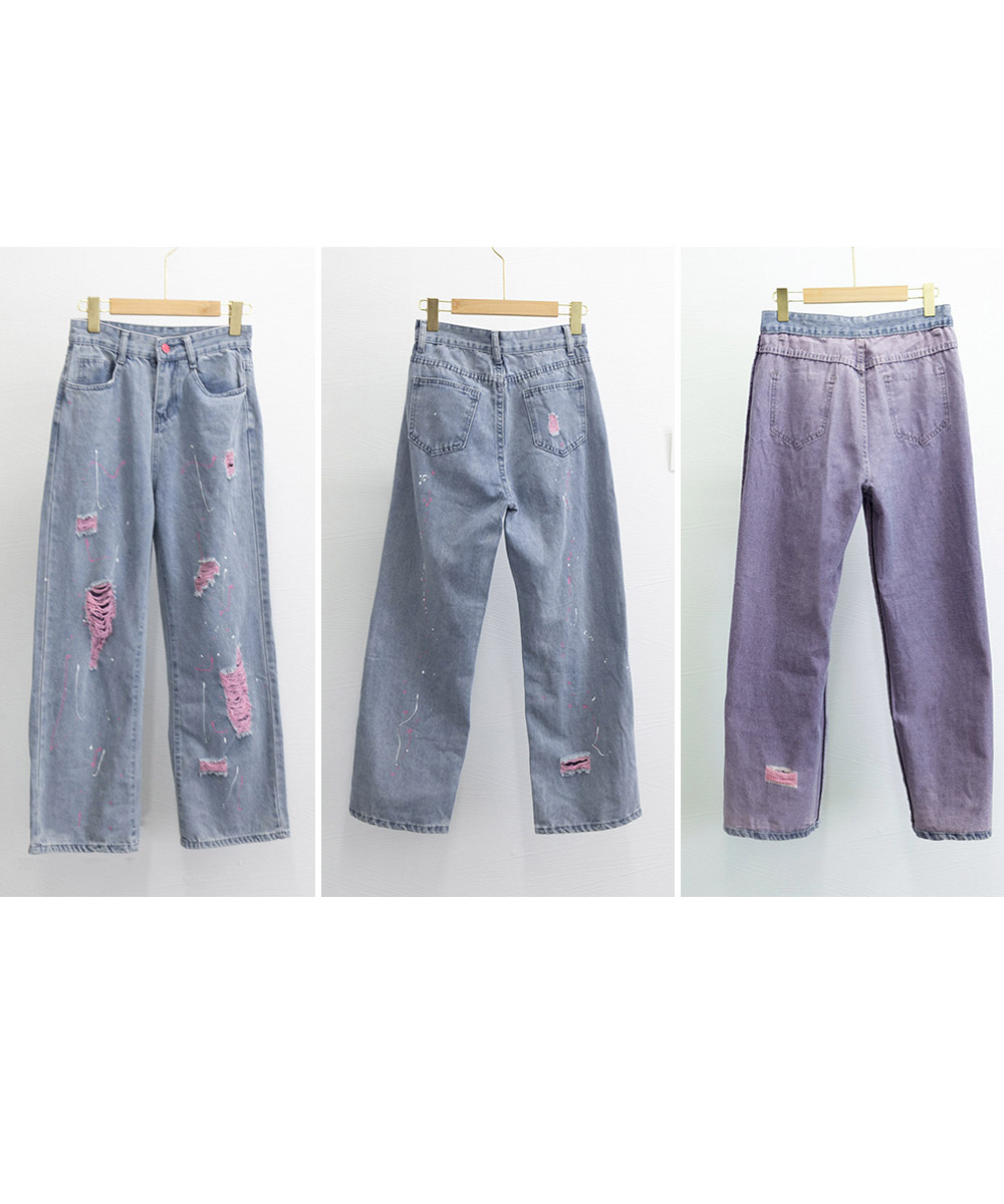 パンツセットアップ ピンク配色ダメージワイドデニムパンツ