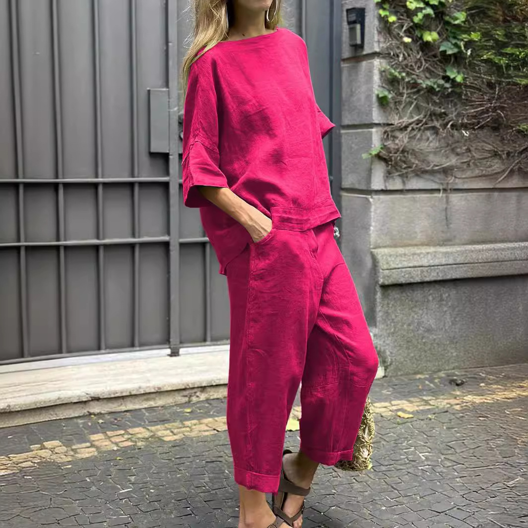 パンツセットアップ リネン風ワイドパンツセットアップ