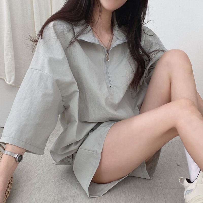 パンツセットアップ 無地ゆるジップトップス×ショートパンツ二点セット