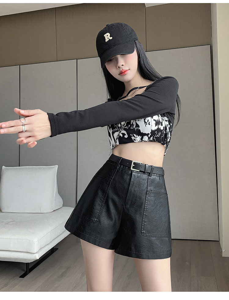 パンツセットアップ ベルト付きハイウエストショートパンツ