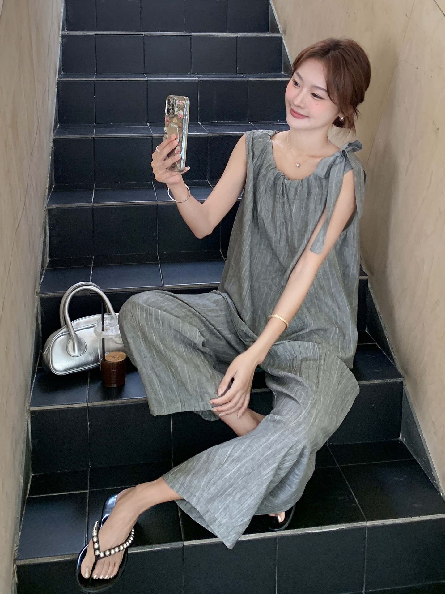 パンツセットアップ シャーリング襟 ゆったりパンツセット