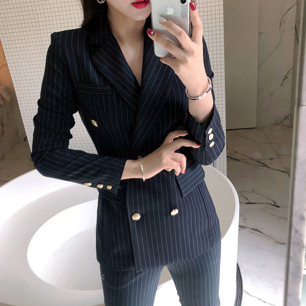 パンツセットアップ 縦縞柄ダブルボタン上下セット