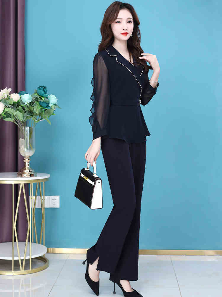 パンツセットアップ シフォン袖エレガント二重襟パンツセットアップ