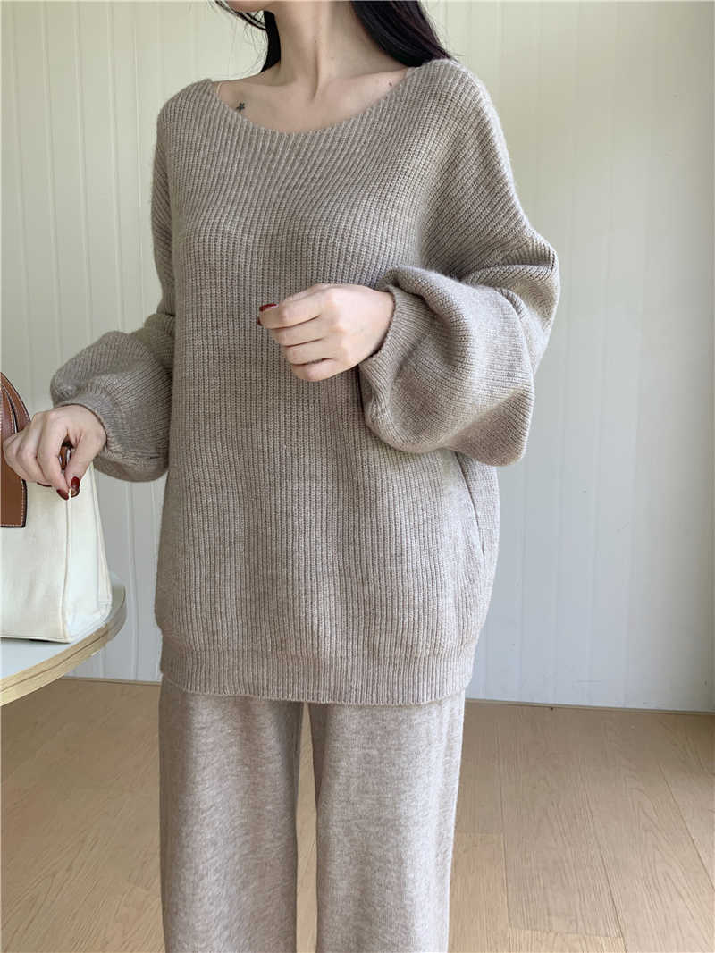 パンツセットアップ 上品ニットトップス×ワイドパンツセット