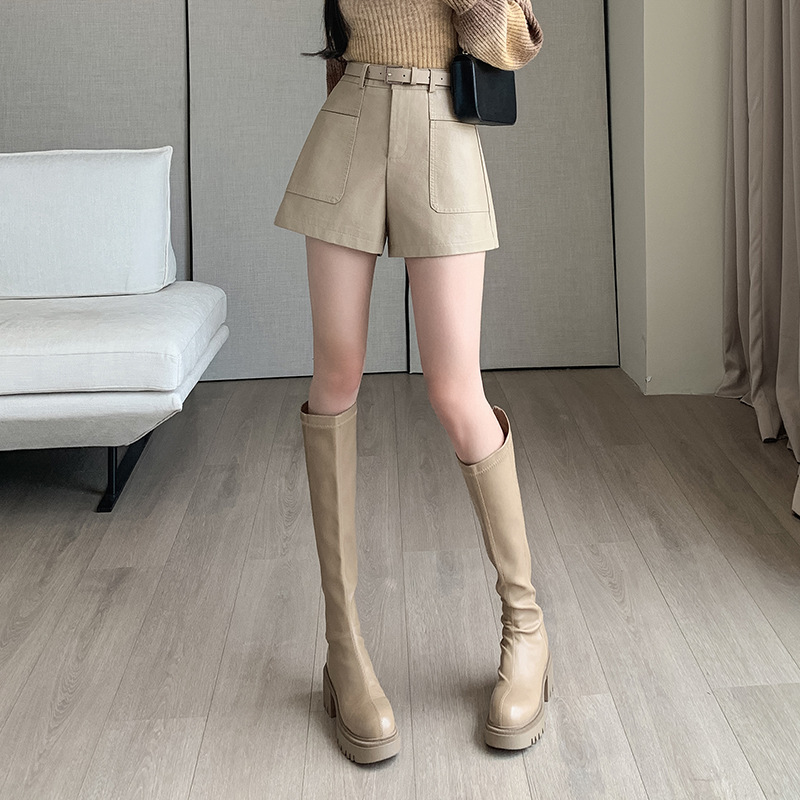 パンツセットアップ ベルト付きハイウエストショートパンツ