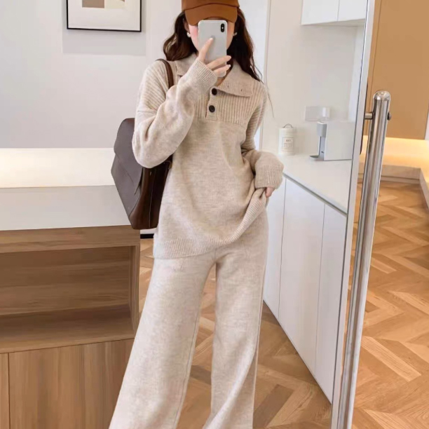 パンツセットアップ 秋冬ニットワイドパンツ上下セット体型カバーゆったり