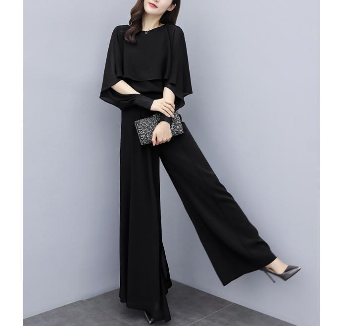 パンツセットアップ 優雅なケープ風袖ワイドパンツセット