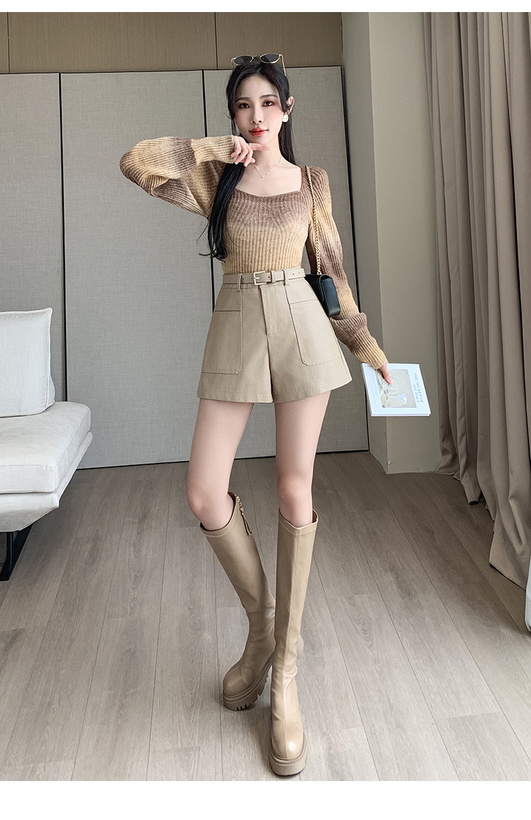 パンツセットアップ ベルト付きハイウエストショートパンツ