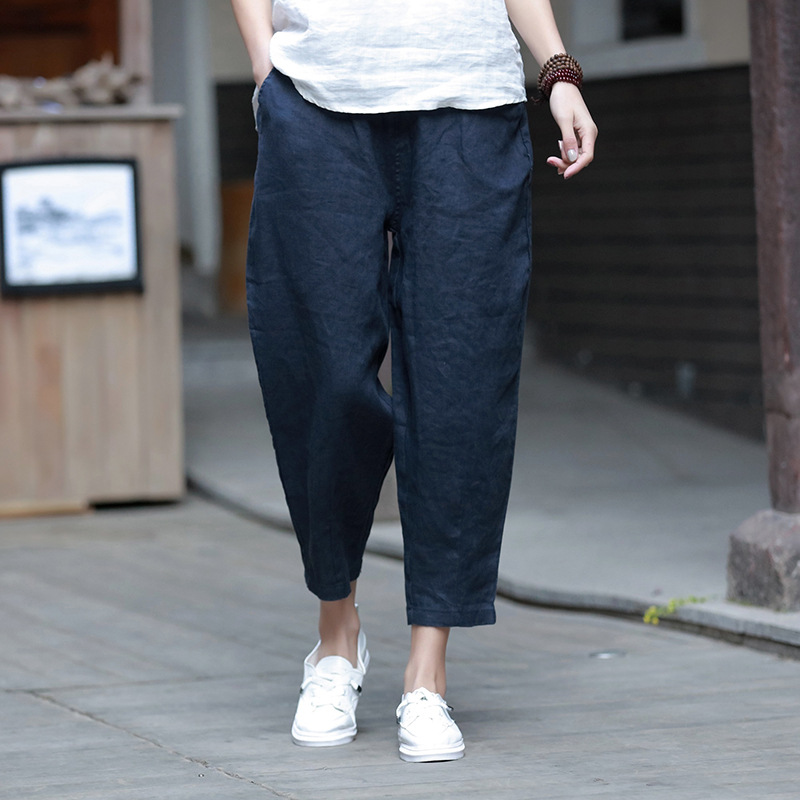 パンツセットアップ リネン素材のゆったりクロップドパンツ