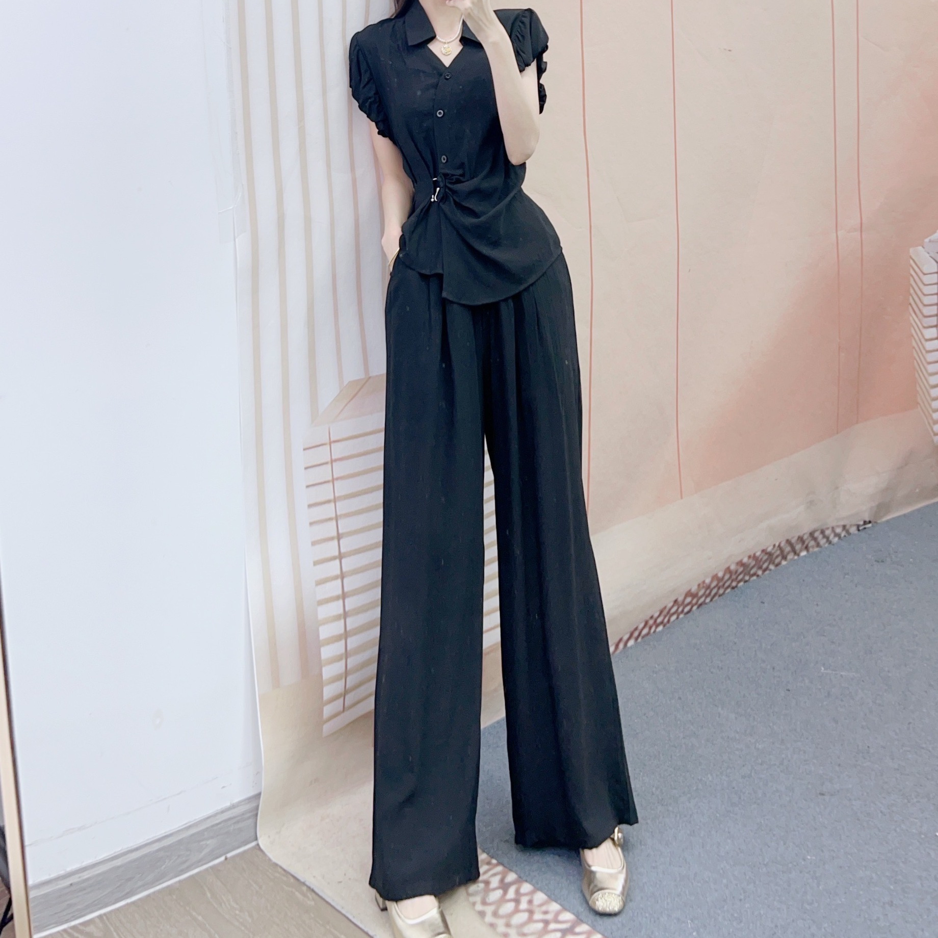 パンツセットアップ 袖フリル細ベルト付きワイドパンツセット