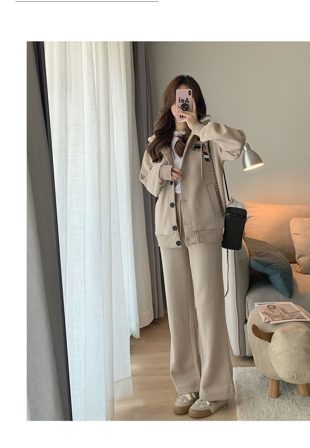 パンツセットアップ ワッペン付きゆったりジャケット&ワイドパンツセット