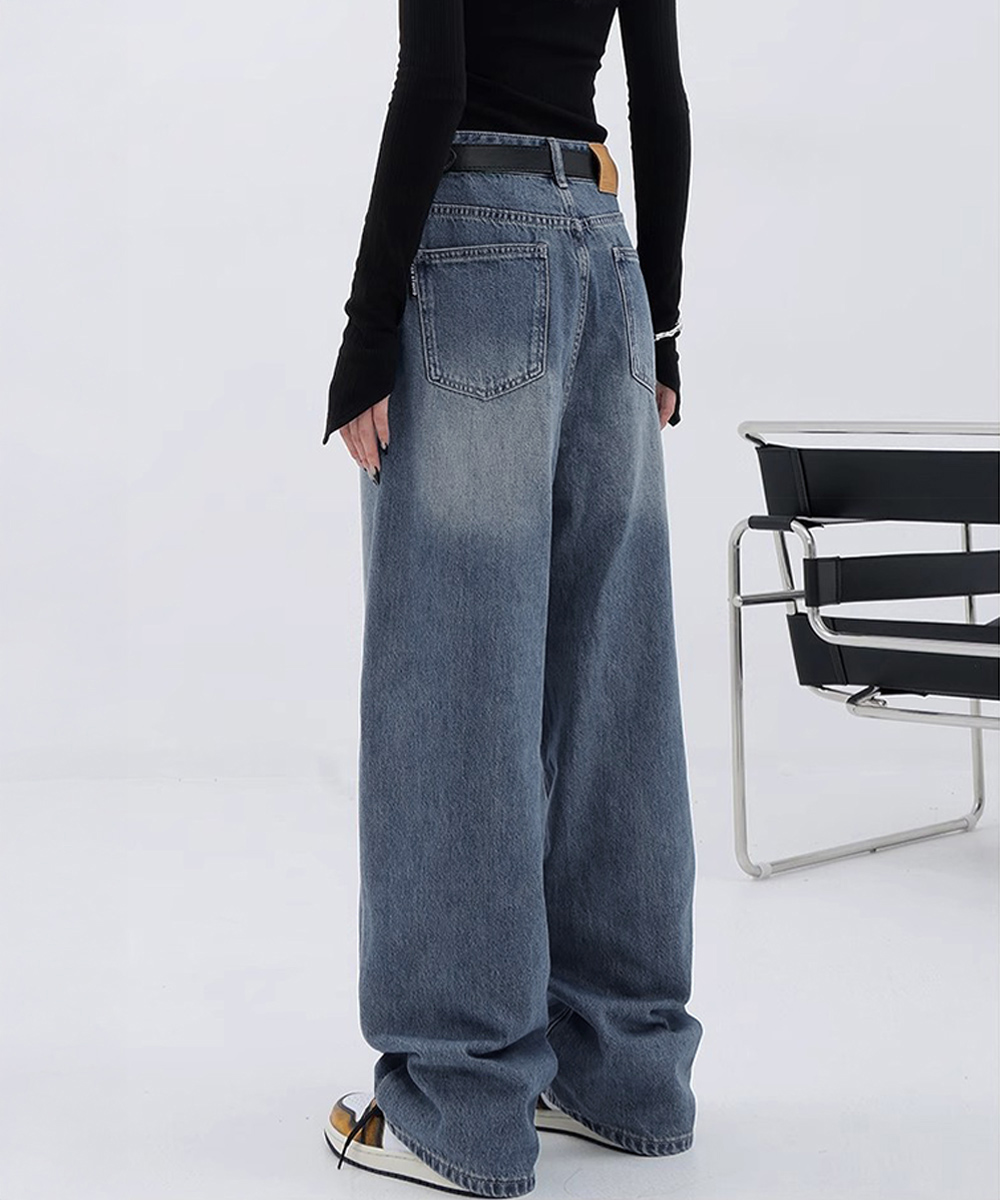 パンツセットアップ 美脚ワイドデニムパンツ古着風加工