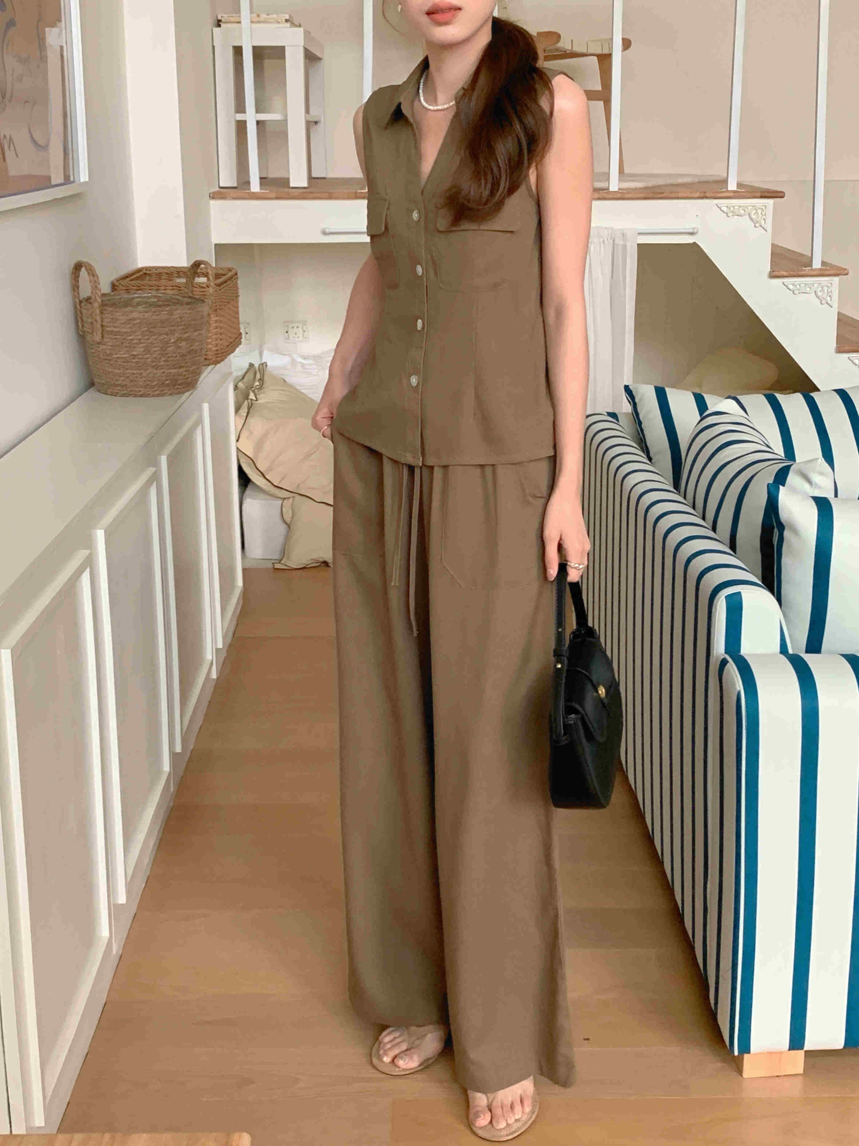 パンツセットアップ 2025年春夏新作 韓国風ワイドパンツセット袖なしシャツ