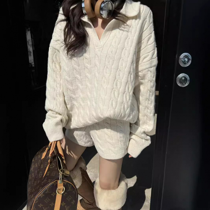 パンツセットアップ ケーブル編みニットジップアップ上下セット