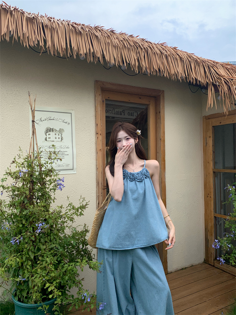 パンツセットアップ 夏新作韓国風花飾りキャミソール×ワイドパンツセット