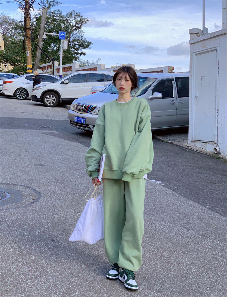 パンツセットアップ 冬物長袖パーカーワイドパンツセット上下純色ゆったり