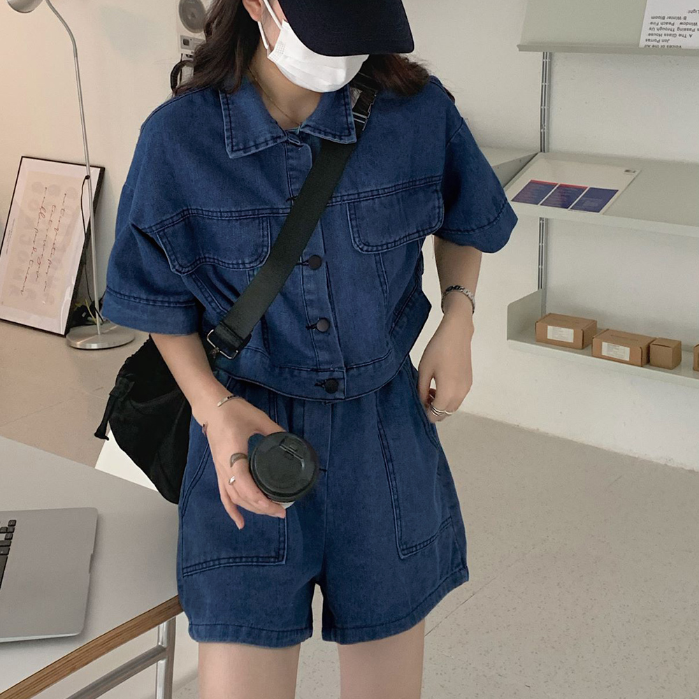 パンツセットアップ デニム半袖ジャケット ワイドショートパンツ 上下セット
