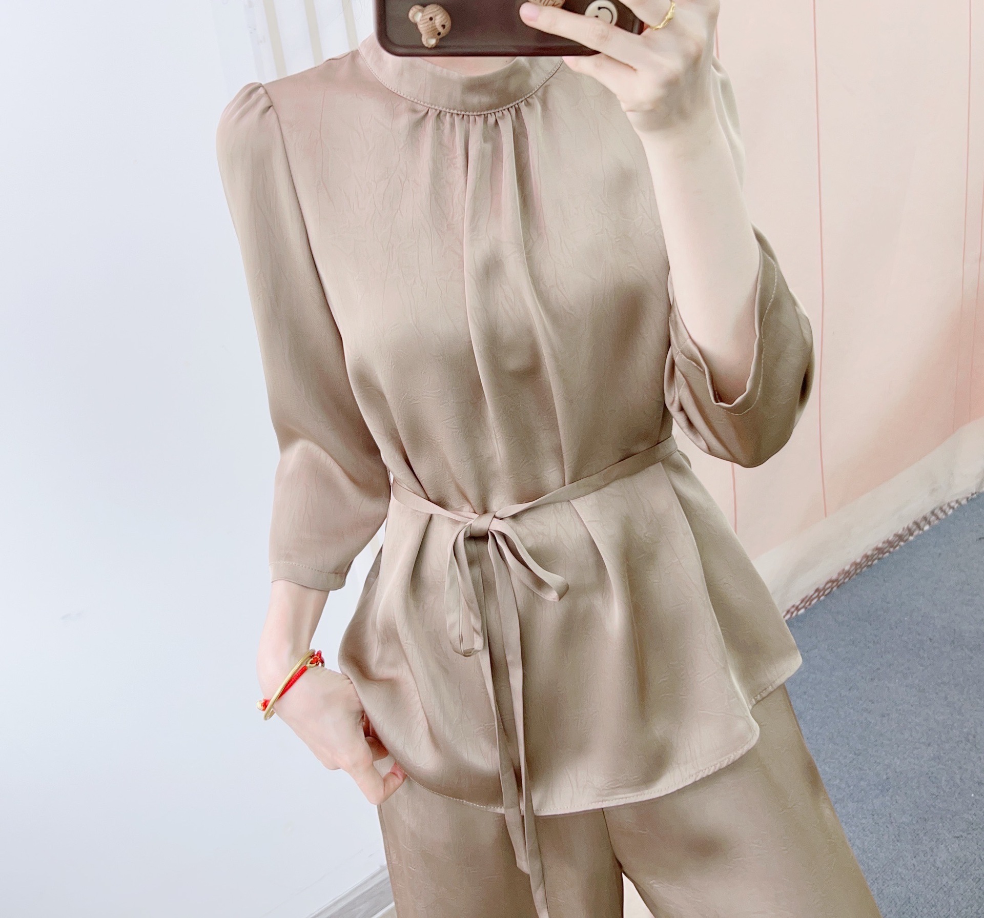 パンツセットアップ 立体感あるベルト付きワイドパンツセット