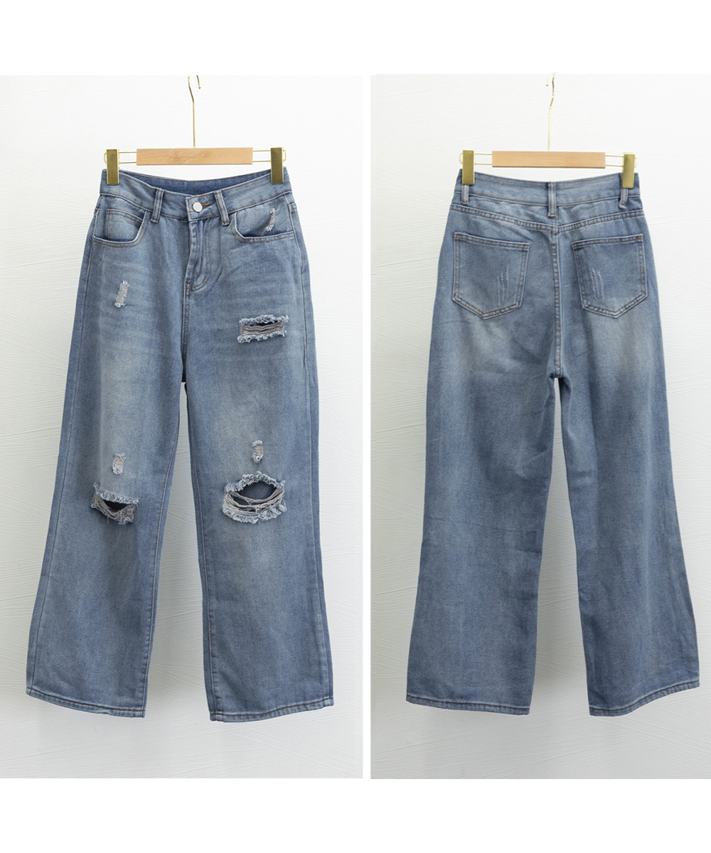 パンツセットアップ レディース ダメージ加工 ワイド デニムパンツ おしゃれ