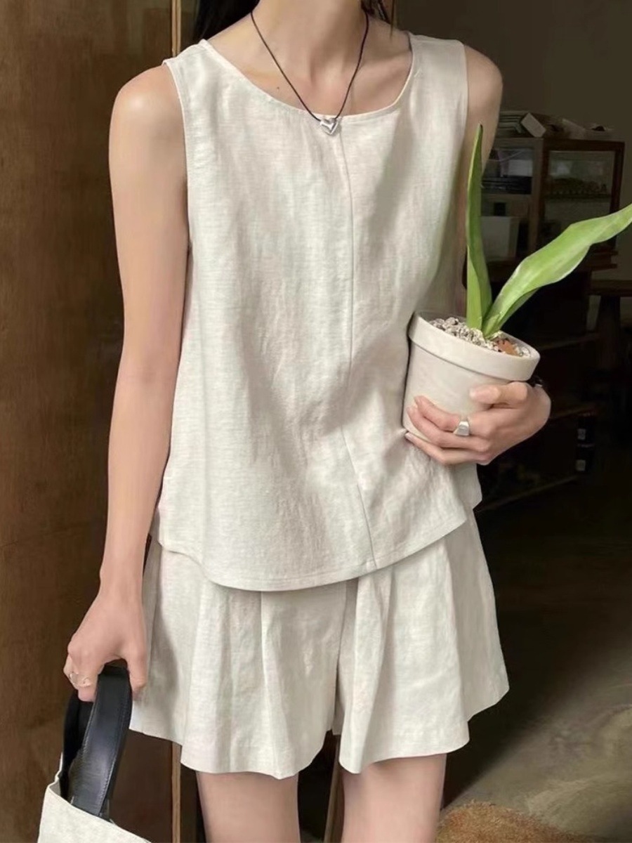 パンツセットアップ 麻混タンクトップショート上下セット