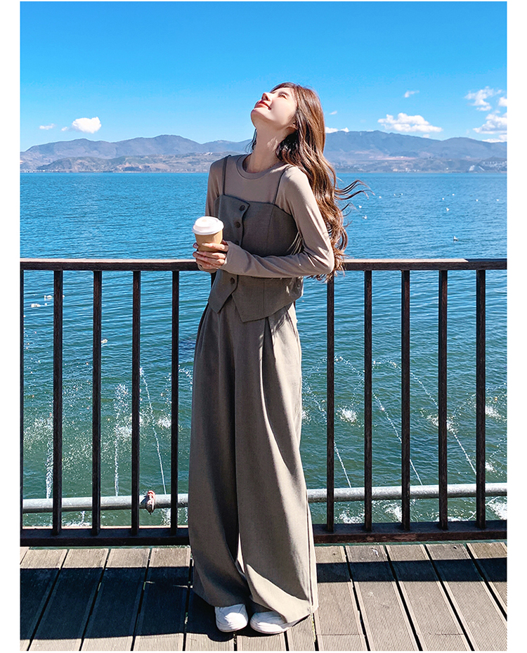 パンツセットアップ 重ね着風キャミソールワイドパンツセット