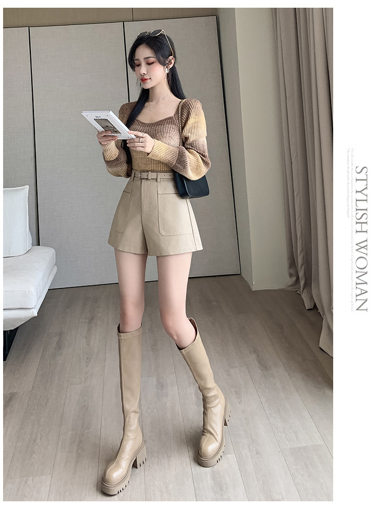 パンツセットアップ ベルト付きハイウエストショートパンツ