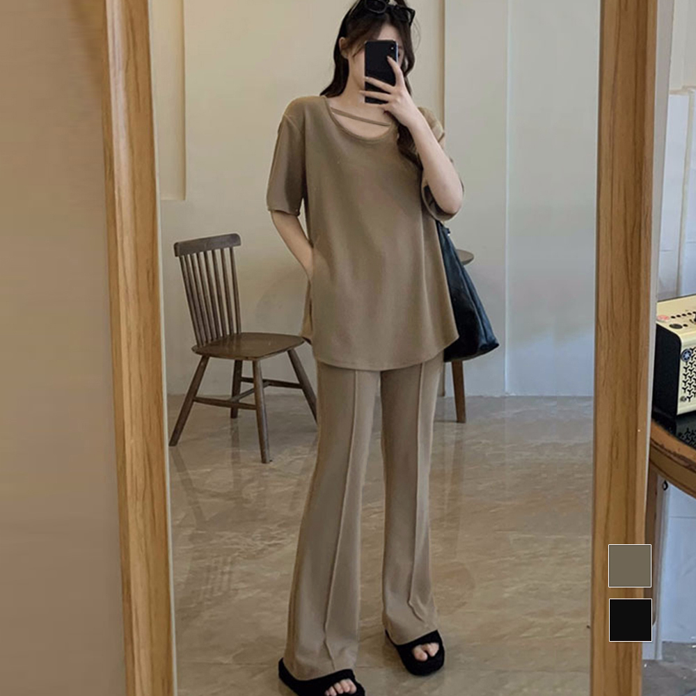 夏服 体型カバー ワイドパンツセットアップ レディース