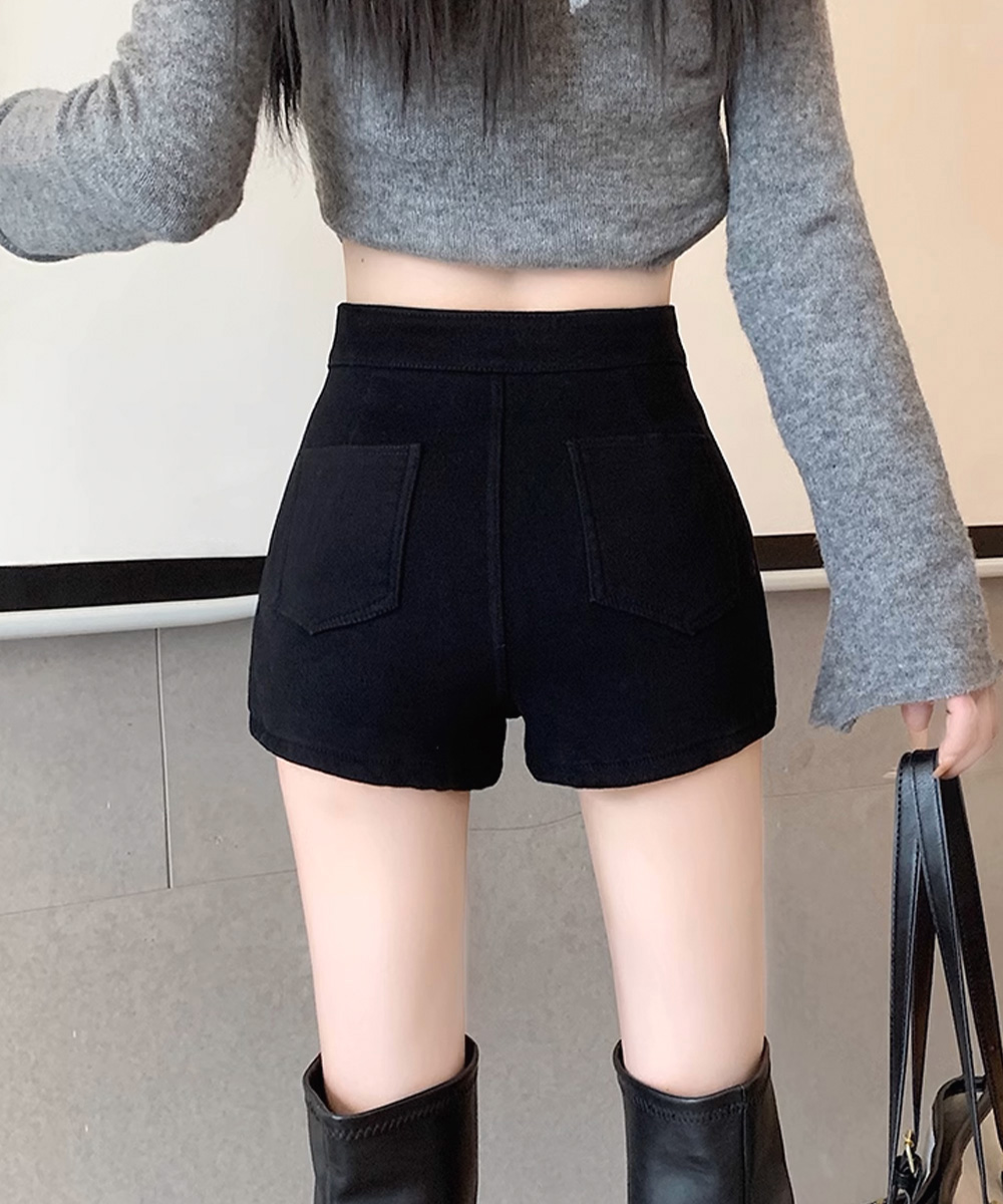 パンツセットアップ 裏起毛デニムショートパンツ レディース暖か美脚