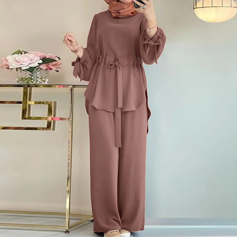 パンツセットアップ リボン袖ふんわりワイドパンツセット