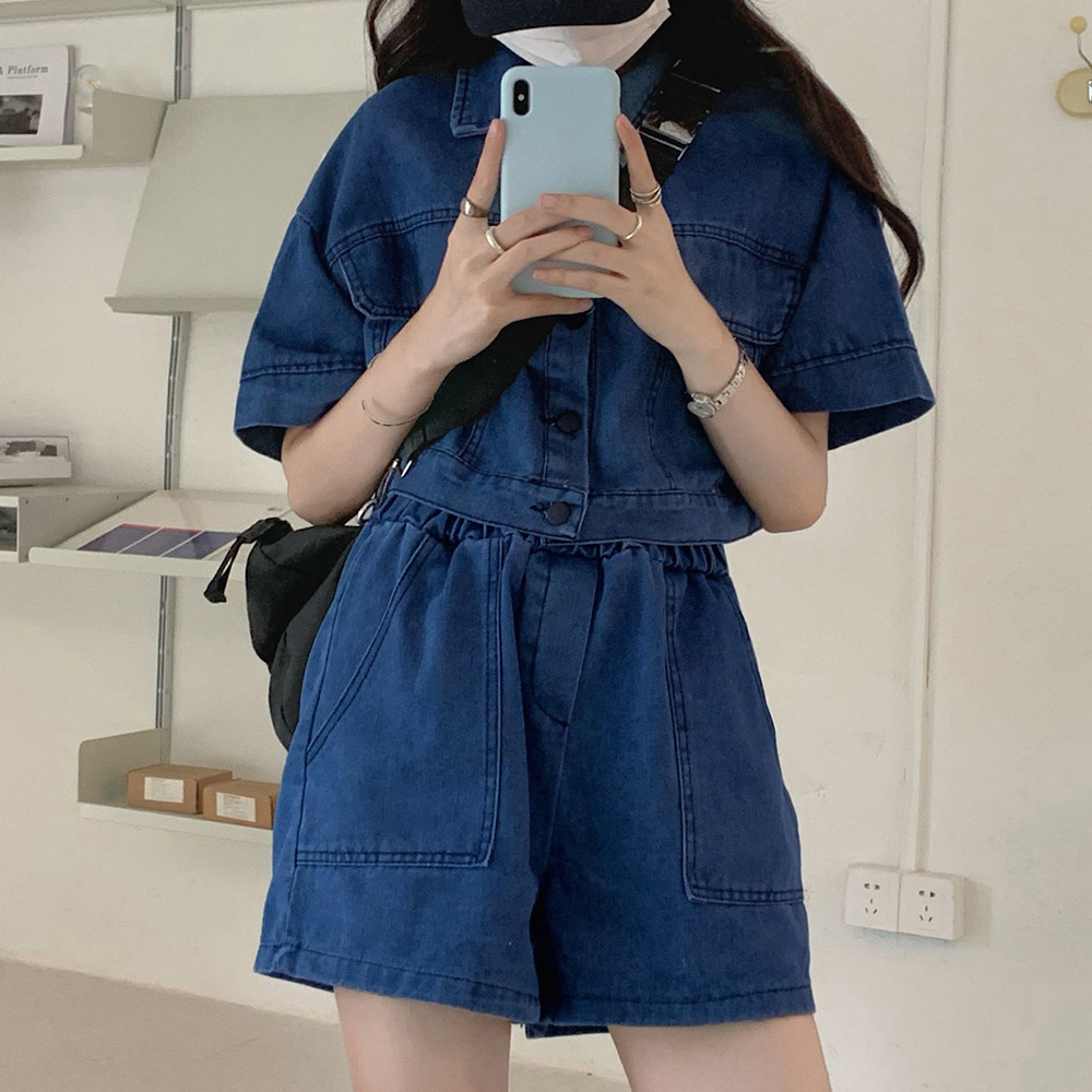 パンツセットアップ デニム半袖ジャケット ワイドショートパンツ 上下セット