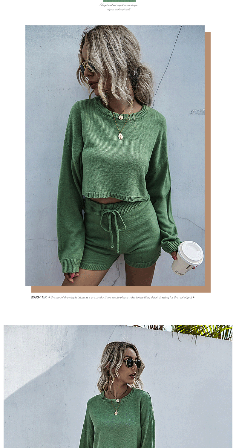 パンツセットアップ ニット素材のクロップドトップス紐付きショートパンツ二点セット