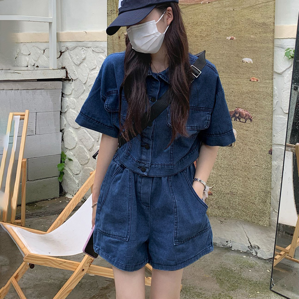 パンツセットアップ デニム半袖ジャケット ワイドショートパンツ 上下セット