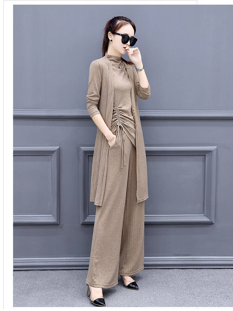 パンツセットアップ リブニット三点セット ワイドパンツ