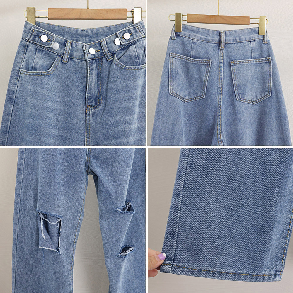 パンツセットアップ ダメージ加工ワイドデニムパンツ ハイウエスト美脚
