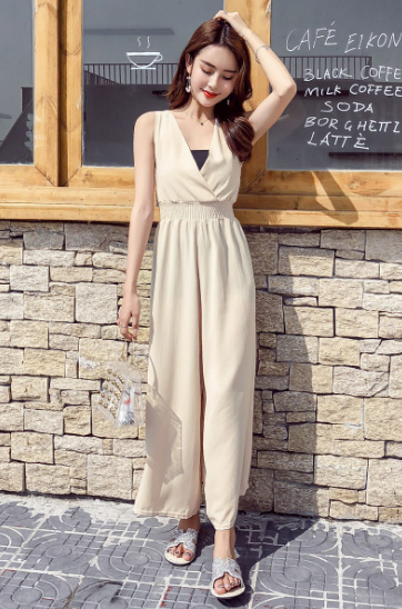 パンツセットアップ 上品ワイドパンツサロペット背中リボンブイネック